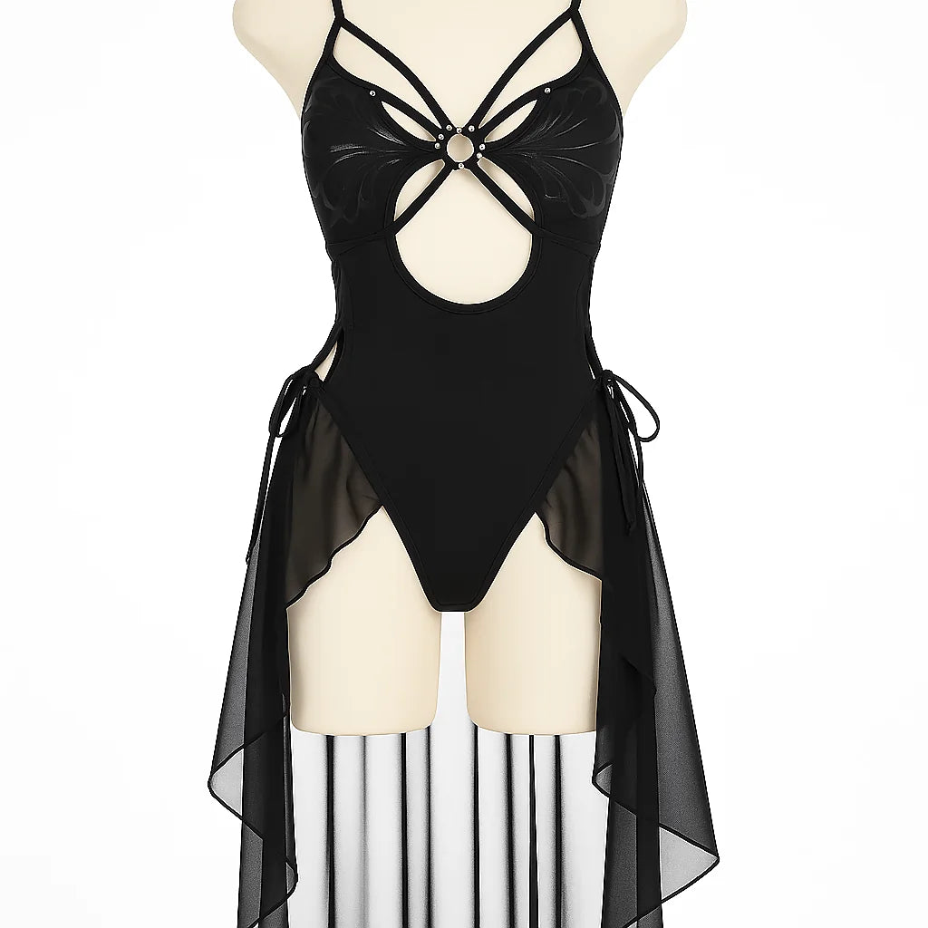 Gothic Butterfly Cutout One Piece Swimsuit Black Lace Up Swimwear for Women