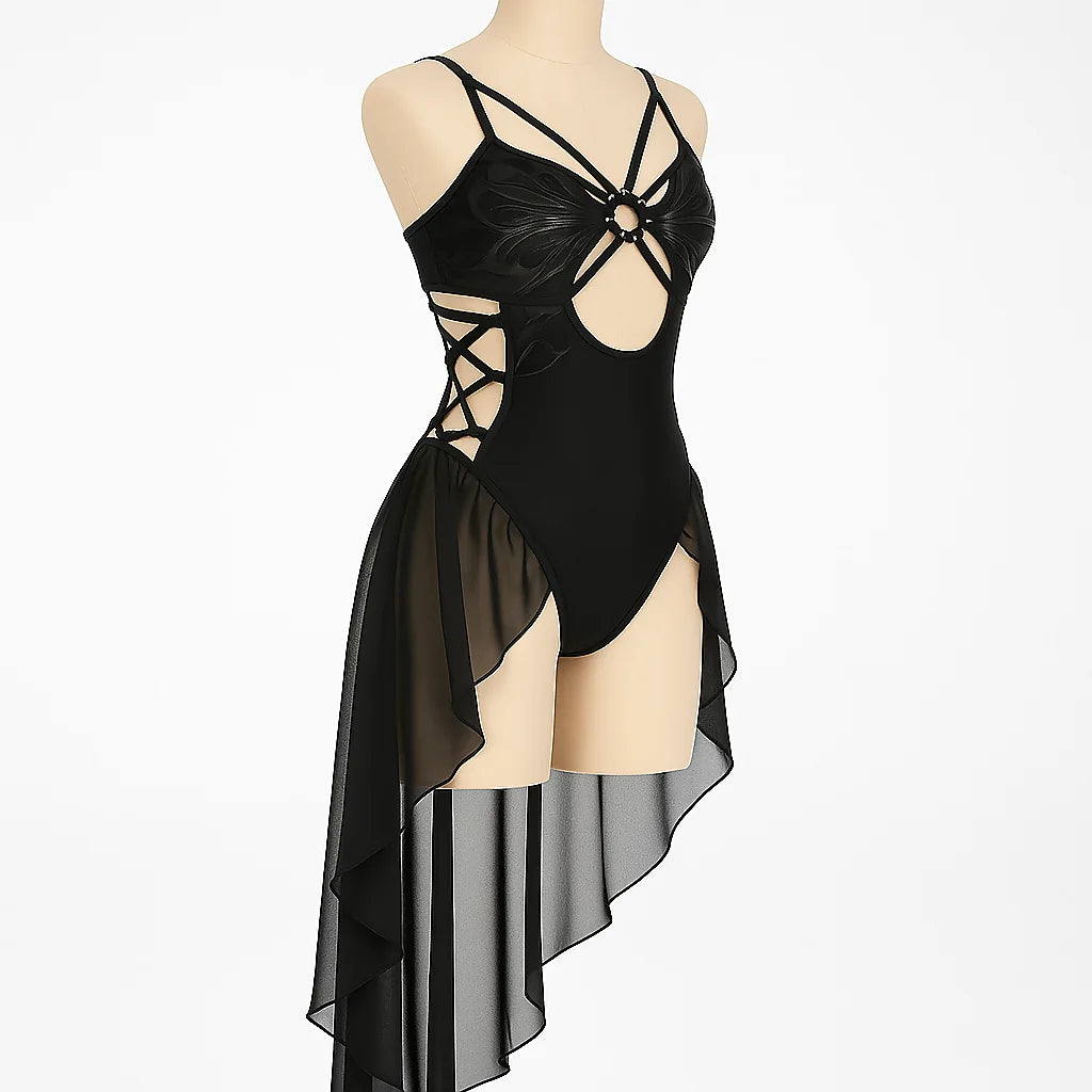 Gothic Butterfly Cutout One Piece Swimsuit Black Lace Up Swimwear for Women