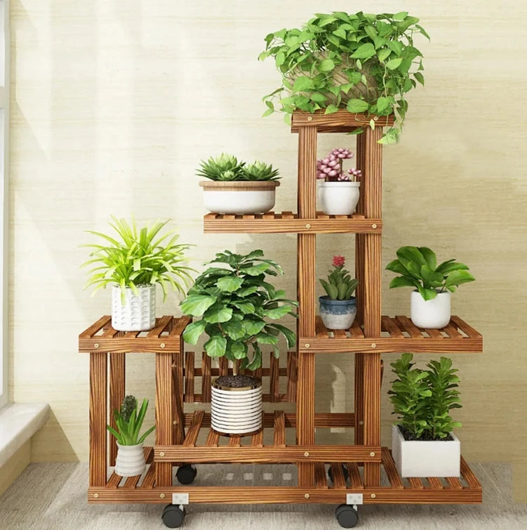 6 Tier Wooden Plant Stand Vertical Carbonized Multi Tier Holder for Indoor & Outdoor Patio Garden Display