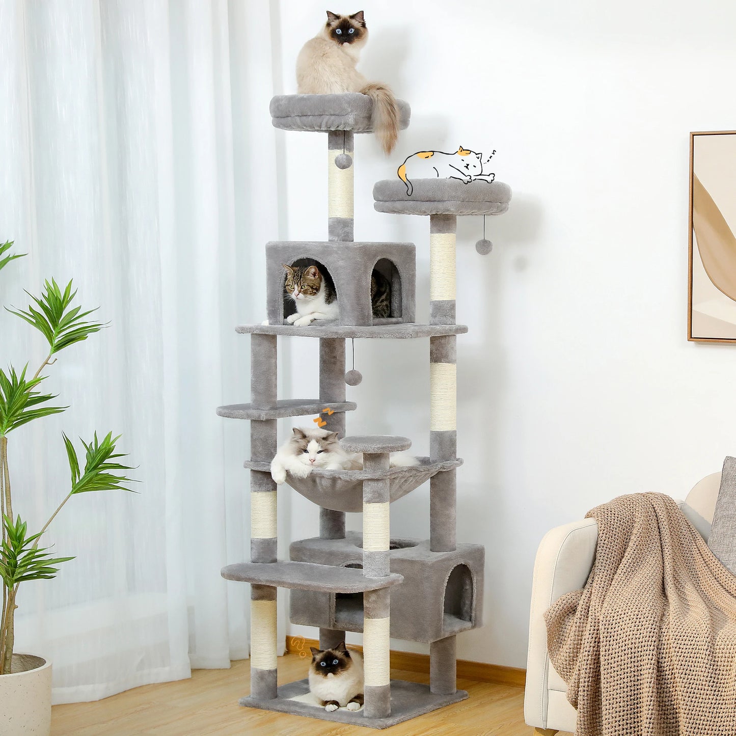 184cm Large Cat Tree Tower for Indoor Cats Multi Level Activity Center with Hammock, Condos, Padded Perches & Sisal Scratching Posts