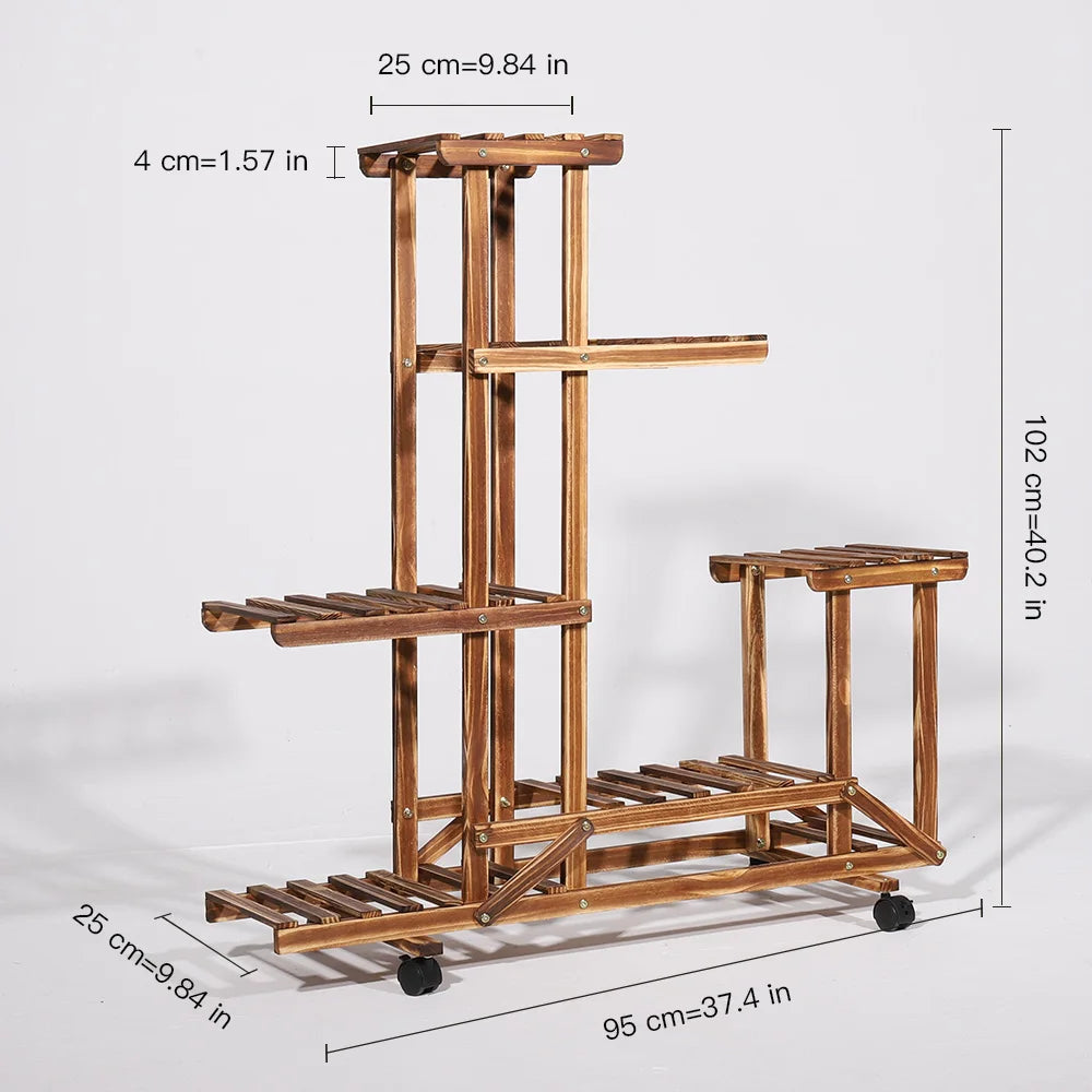 6 Tier Wooden Plant Stand Vertical Carbonized Multi Tier Holder for Indoor & Outdoor Patio Garden Display