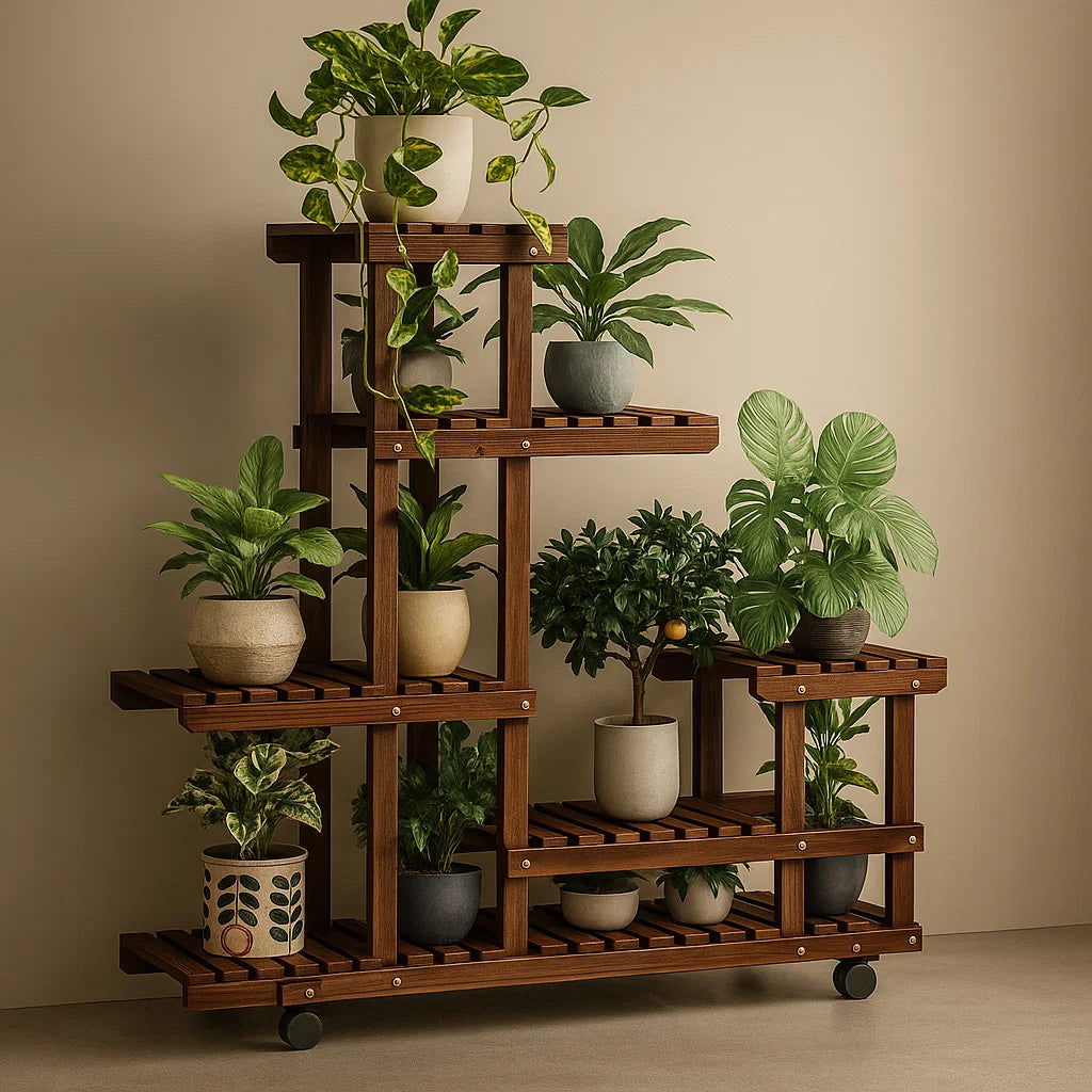 6 Tier Wooden Plant Stand Vertical Carbonized Multi Tier Holder for Indoor & Outdoor Patio Garden Display