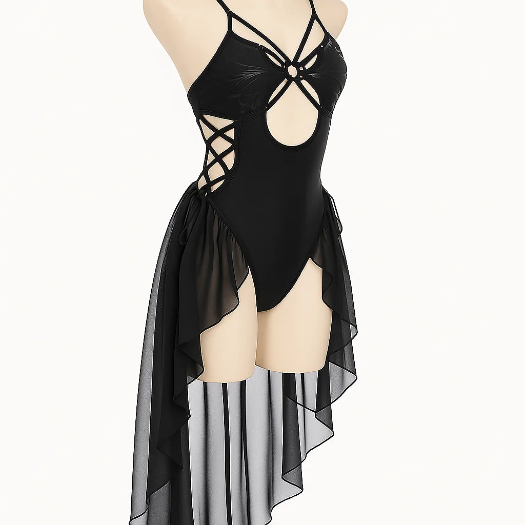 Gothic Butterfly Cutout One Piece Swimsuit   Black Lace Up Swimwear for Women