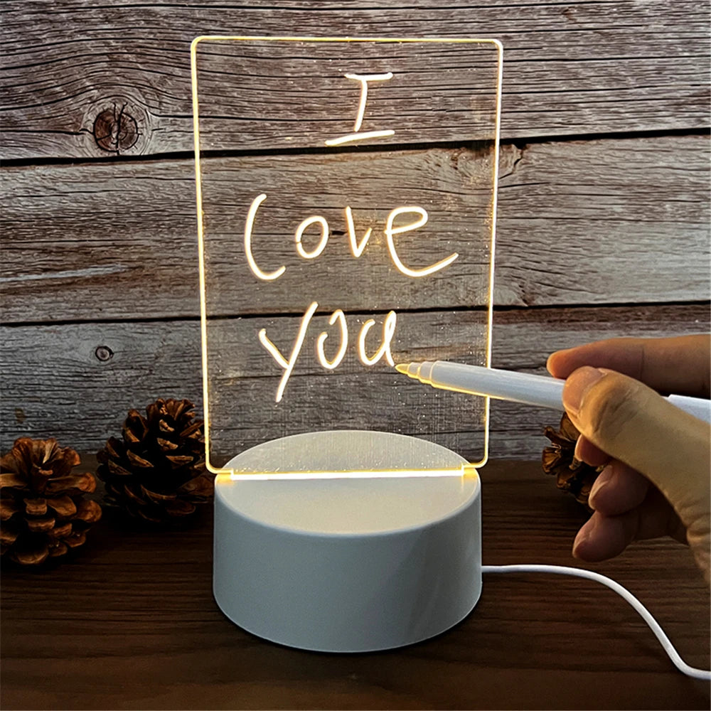 LED Message Board Night Light USB Acrylic Lamp with Erasable Writing Surface & Calendar Display  Glow Note Pad for Desktop or Bedside