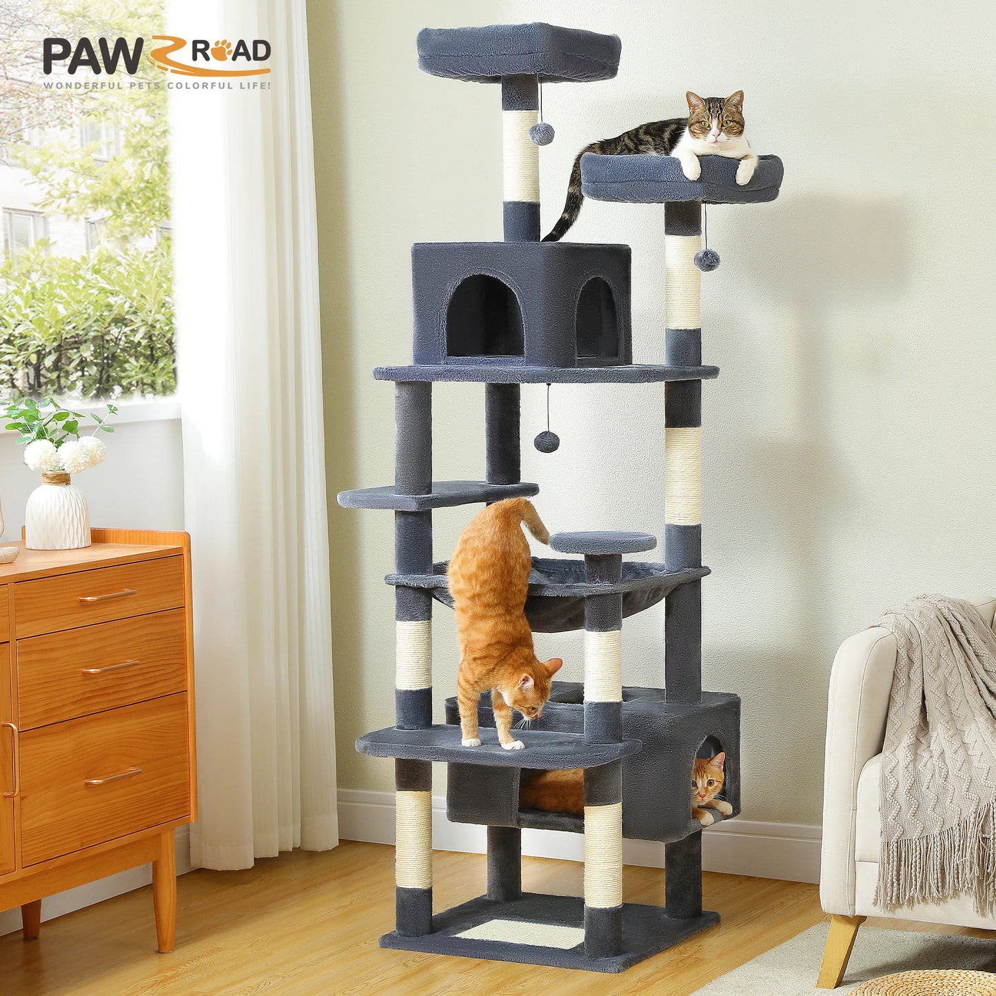 184cm Large Cat Tree Tower for Indoor Cats Multi Level Activity Center with Hammock, Condos, Padded Perches & Sisal Scratching Posts