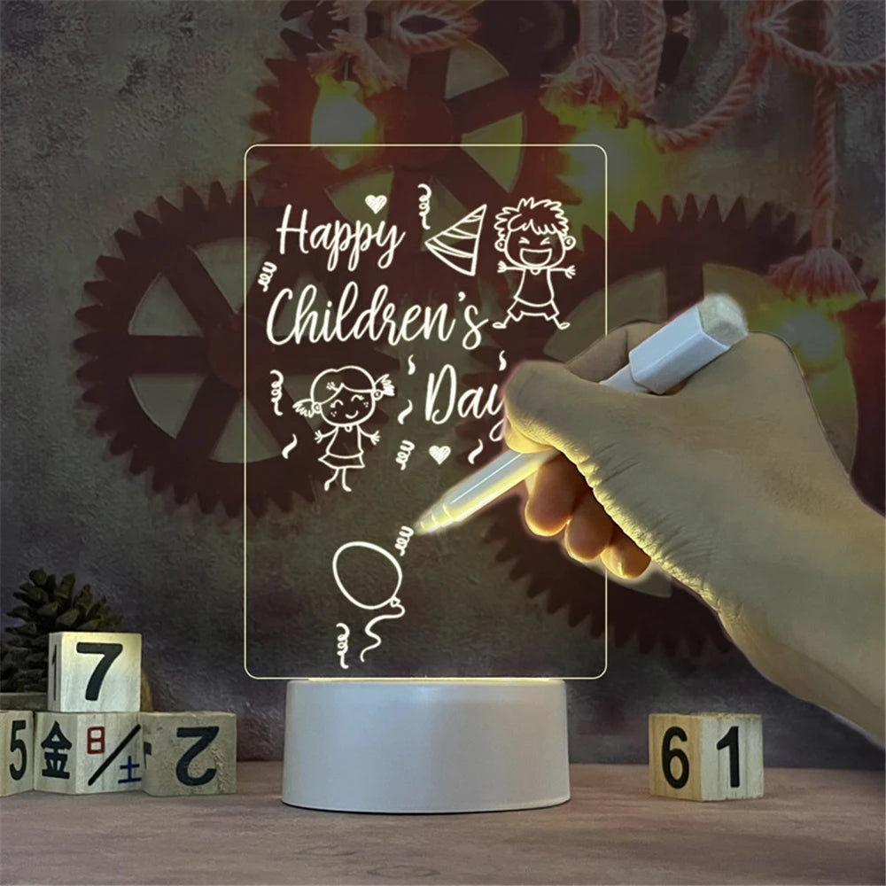 LED Message Board Night Light USB Acrylic Lamp with Erasable Writing Surface & Calendar Display  Glow Note Pad for Desktop or Bedside