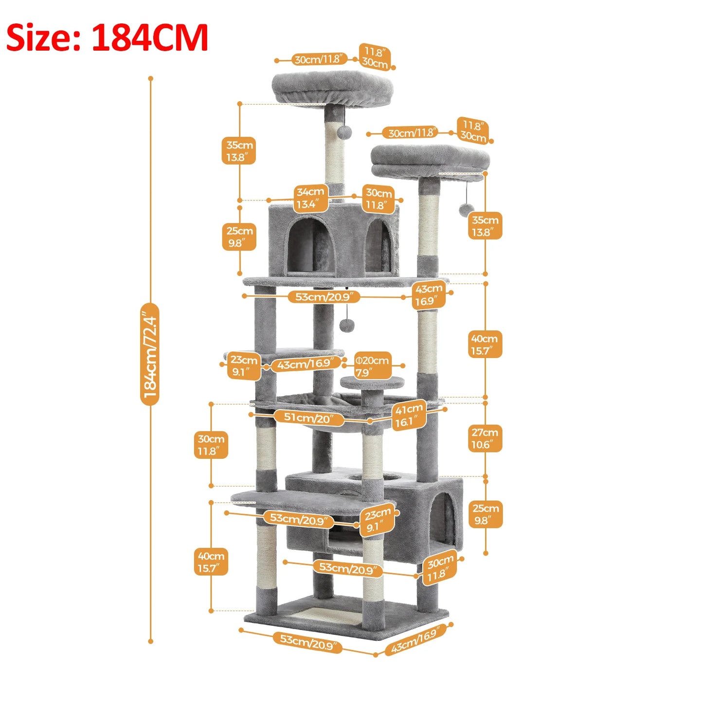184cm Large Cat Tree Tower for Indoor Cats Multi Level Activity Center with Hammock, Condos, Padded Perches & Sisal Scratching Posts