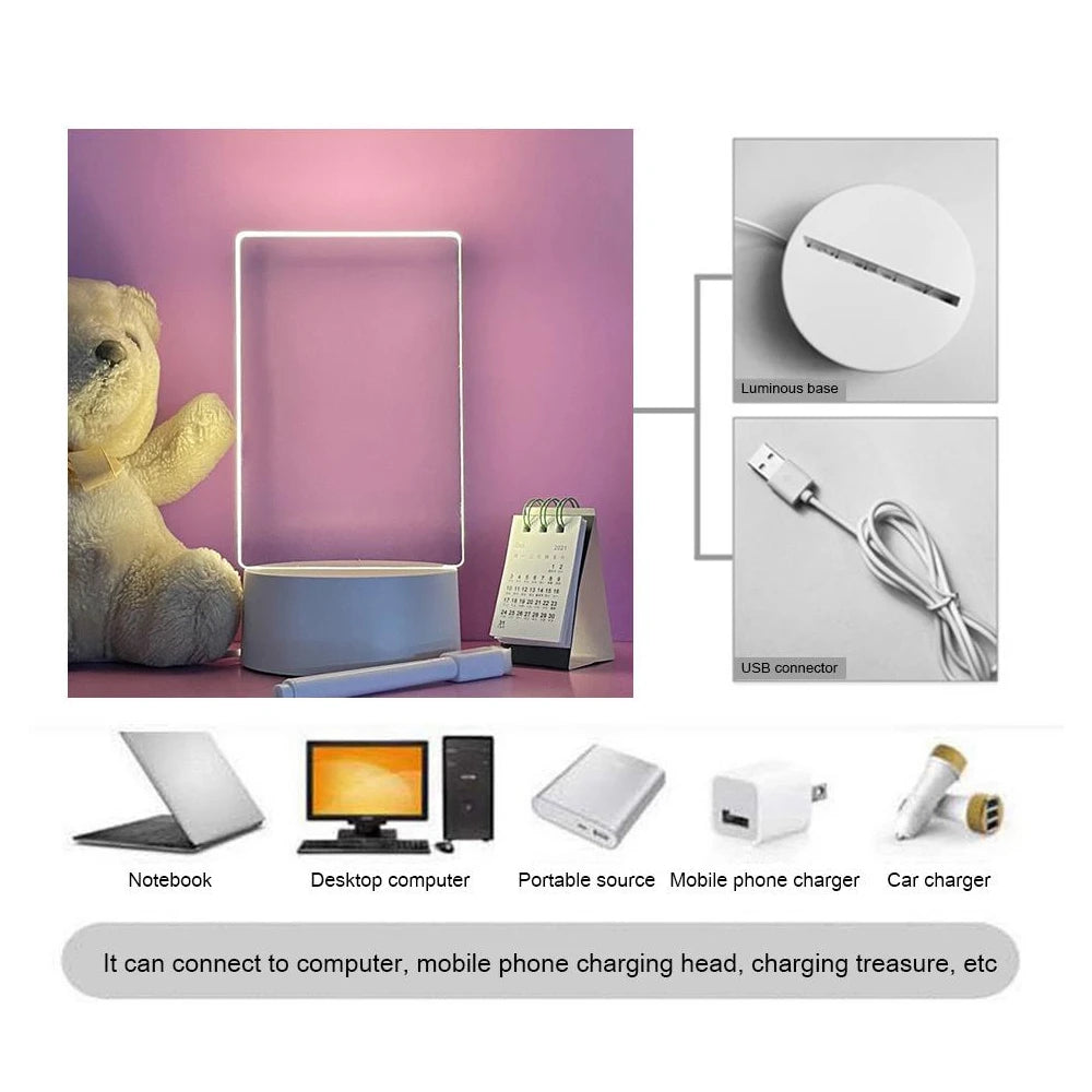 LED Message Board Night Light USB Acrylic Lamp with Erasable Writing Surface & Calendar Display  Glow Note Pad for Desktop or Bedside