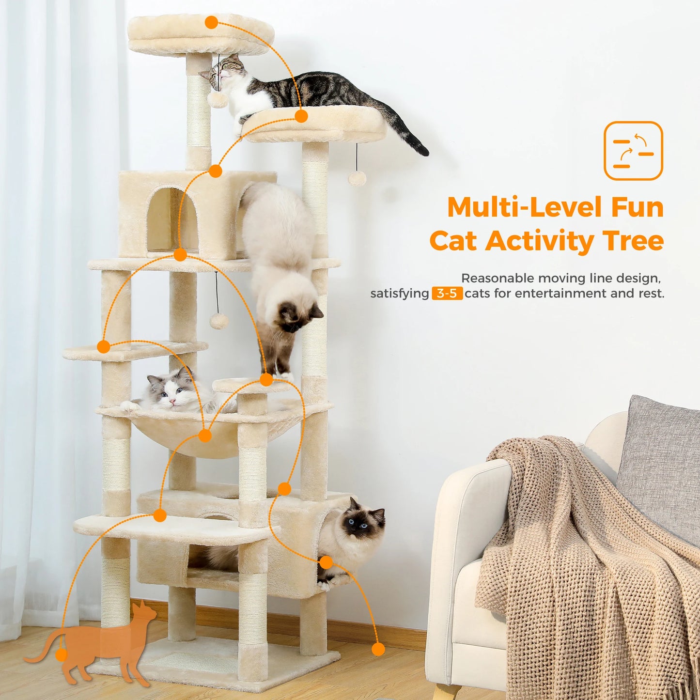 184cm Large Cat Tree Tower for Indoor Cats Multi Level Activity Center with Hammock, Condos, Padded Perches & Sisal Scratching Posts