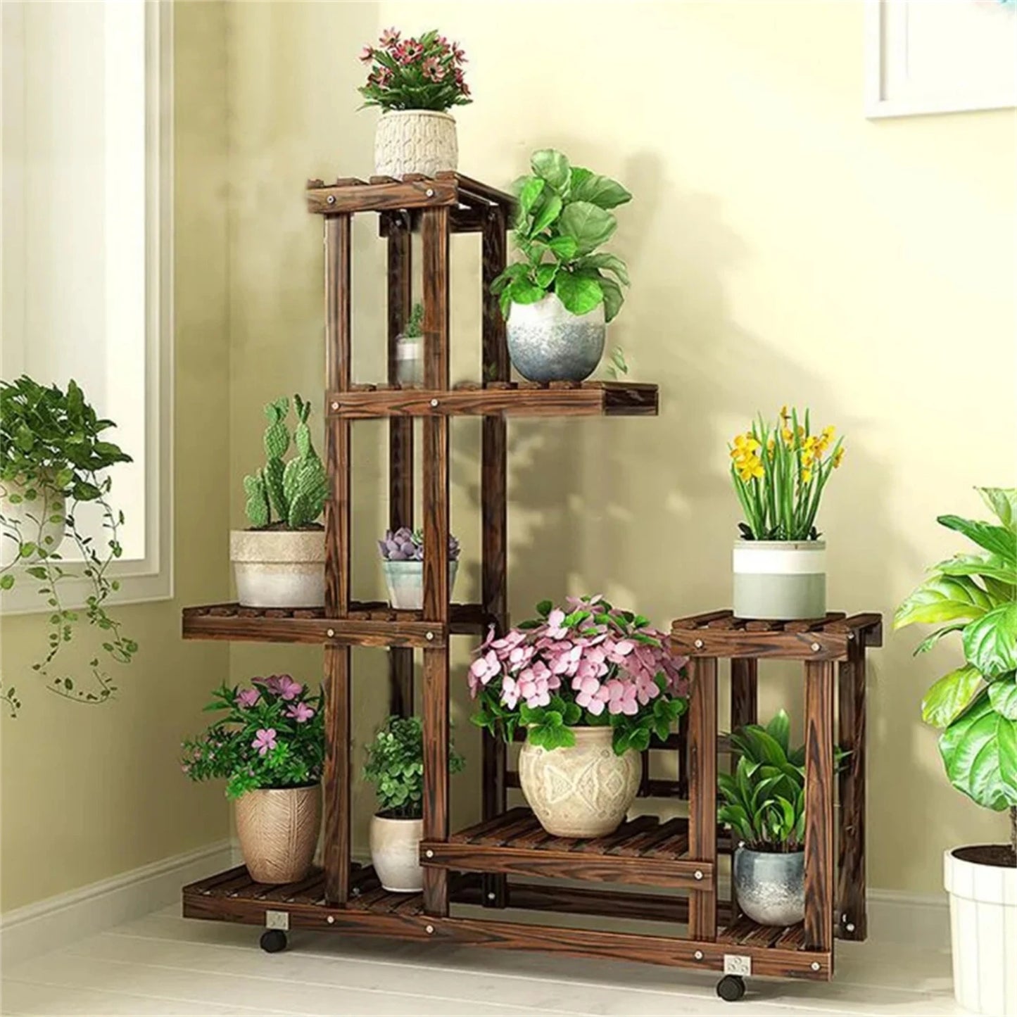 6 Tier Wooden Plant Stand Vertical Carbonized Multi Tier Holder for Indoor & Outdoor Patio Garden Display