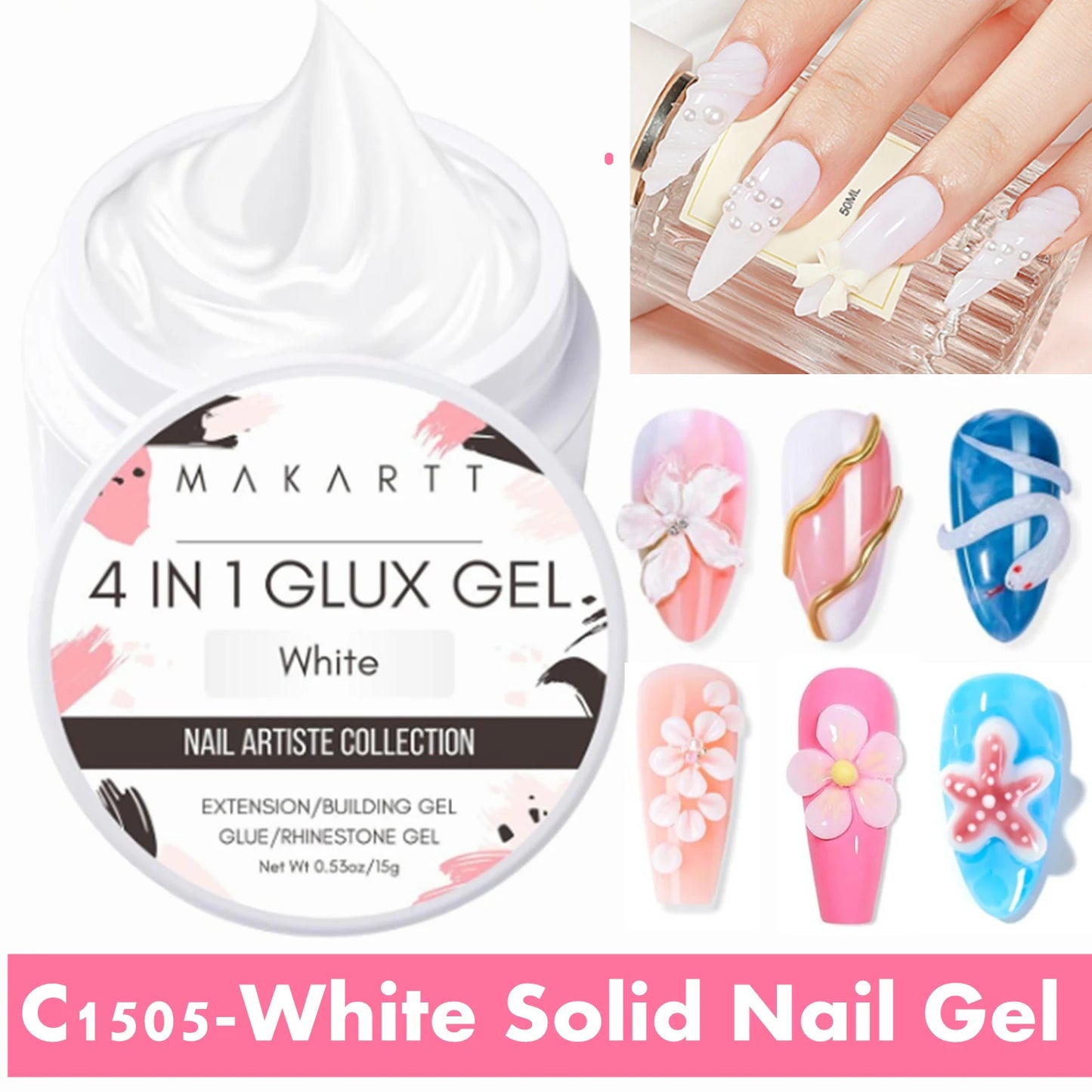 Makartt 4  in 1 White Solid Builder Nail Gel 15ML Non-Sticky UV Gel for Nail Extension, 3D Sculpting & Acrylic Tips