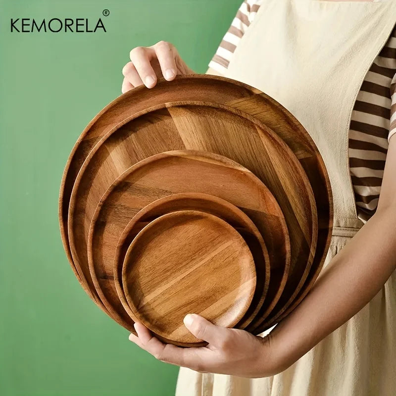 1PC Natural Whole Wood lovesickness Wood Round Handmade Acacia Plate Round Sushi Dish Dessert Fruit Bread Dishes Soup Tableware