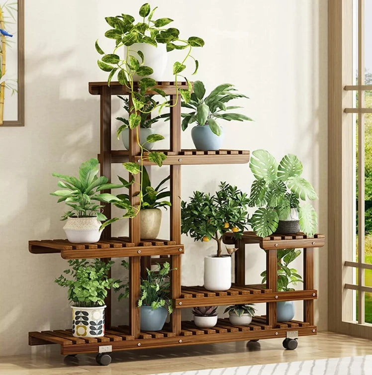 6 Tier Wooden Plant Stand Vertical Carbonized Multi Tier Holder for Indoor & Outdoor Patio Garden Display