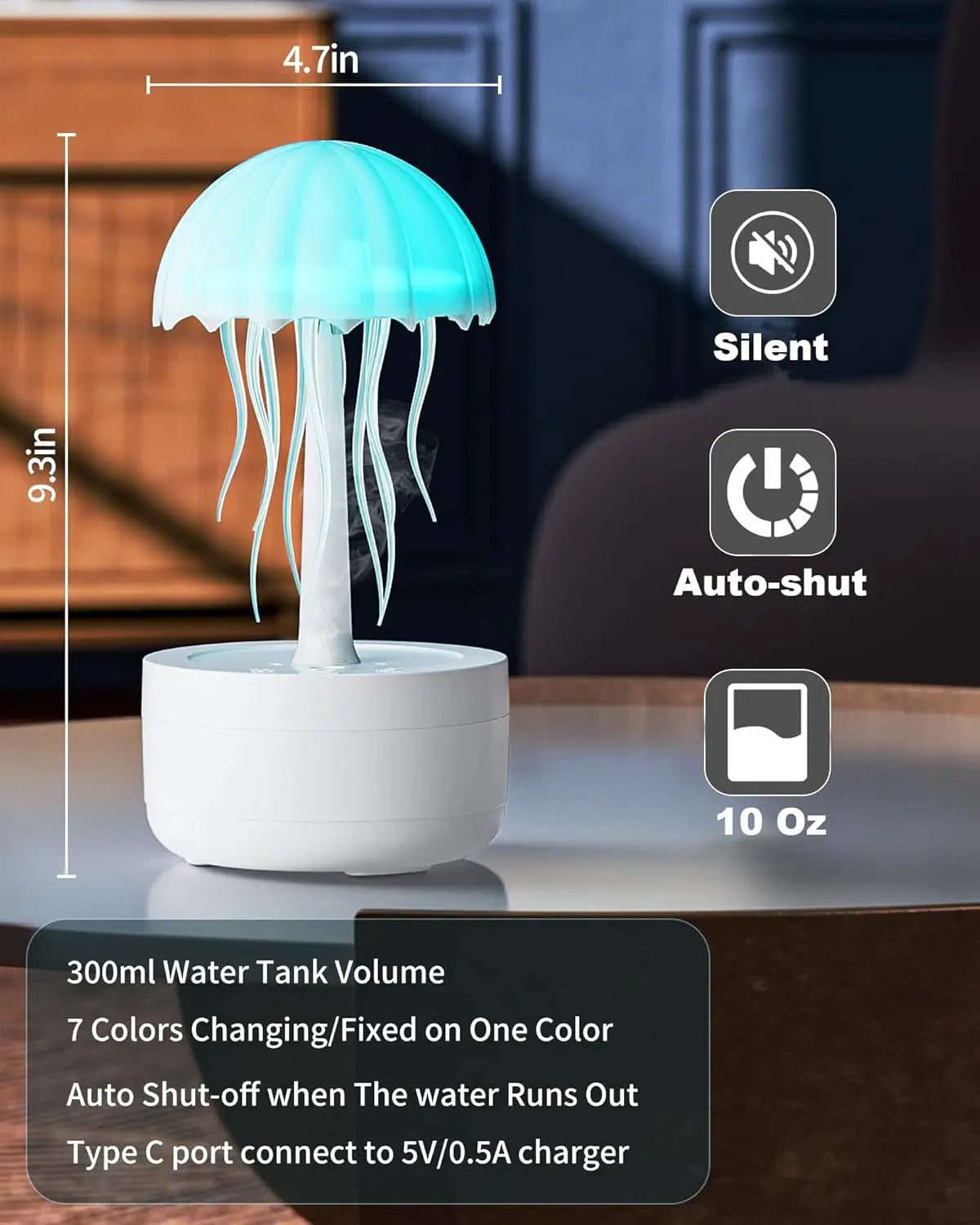 Jellyfish Cartoon Night Light & Bluetooth Humidifier RGB LED Bedside Lamp with Voice Control, Type C Charging & Upgraded Design