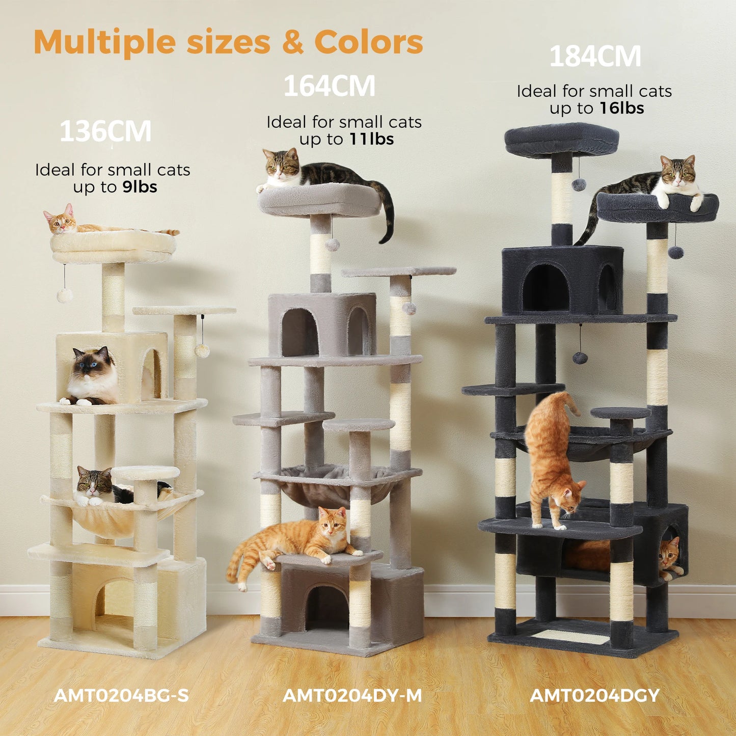 184cm Large Cat Tree Tower for Indoor Cats Multi Level Activity Center with Hammock, Condos, Padded Perches & Sisal Scratching Posts