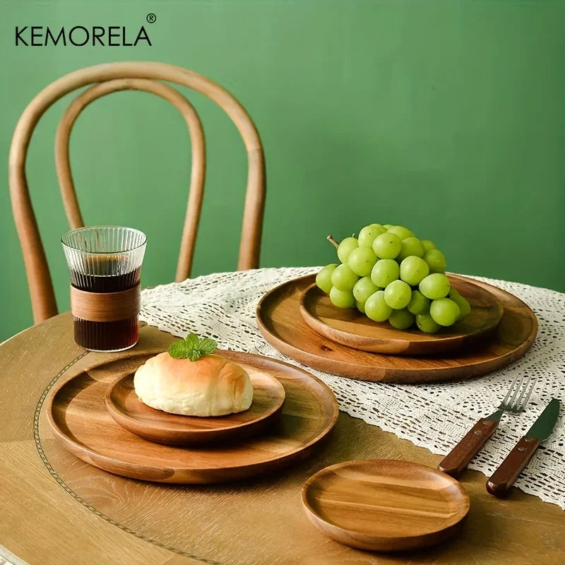 1PC Natural Whole Wood lovesickness Wood Round Handmade Acacia Plate Round Sushi Dish Dessert Fruit Bread Dishes Soup Tableware